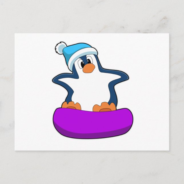 Carte Postale Pingouin faisant du snowboard avec une planche de  (Devant)