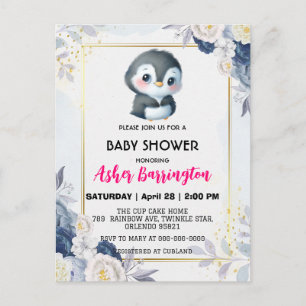 Carte Postale Pingouin Gold Cute baby shower de fleurs bleu enfa