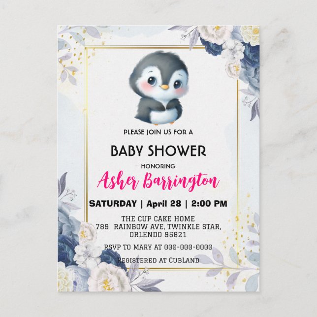 Carte Postale Pingouin Gold Cute baby shower de fleurs bleu enfa (Devant)
