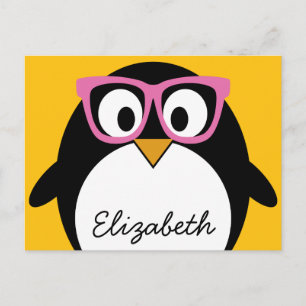 Carte Postale Pingouin Hipster - Cartoon mignon rose jaune