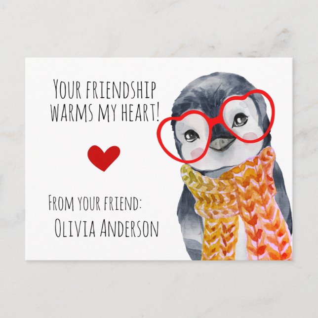 Carte Postale Pingouin mignon en lunettes Enfants Amis Valentine (Devant)