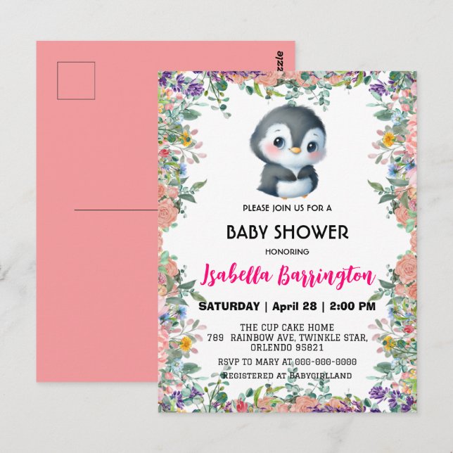 Carte Postale Pingouin mignon fleur coloré doux baby shower enfa (Devant / Derrière)