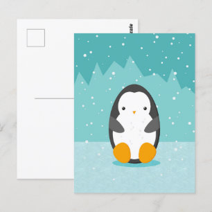 Carte Postale Pingouin mignon sur glace Bleu Dessin d'hiver
