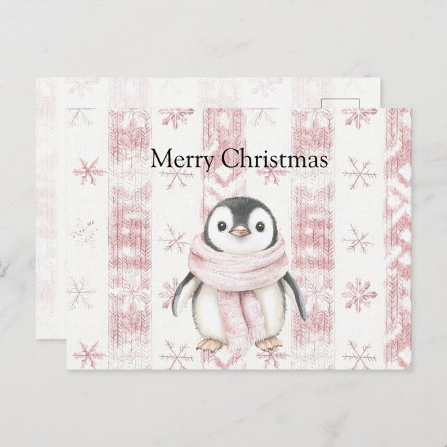 Carte Postale Pingouin rose Snowflakes Noël (Devant / Derrière)