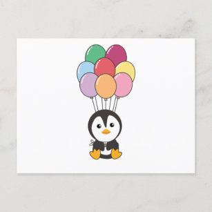 Carte Postale Pingouin S'Envole Avec Des Ballons Colorés