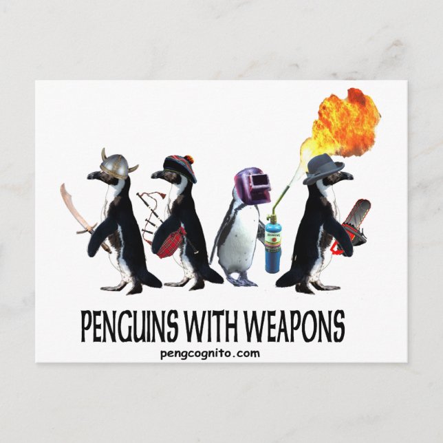 Carte Postale pingouins avec armes (Devant)