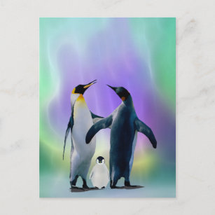 Carte Postale Pingouins et bébé dans Aurora borealis
