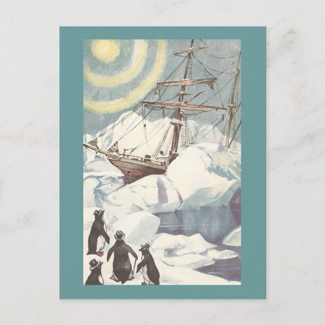 Carte Postale Pingouins et navire coincés dans la glace (Devant)