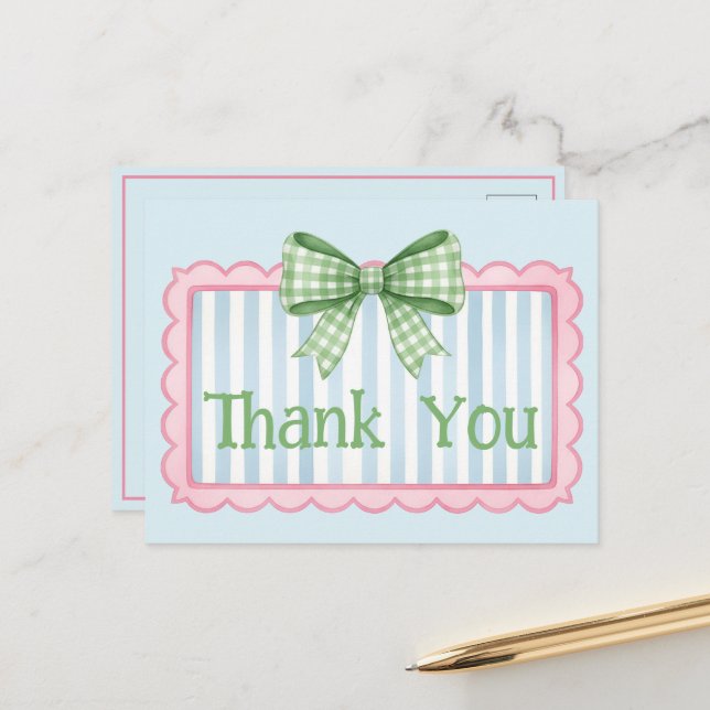 Carte Postale Pink and Blue Frame Green Gingham Bow Thank You (Devant/Arrière en situation)