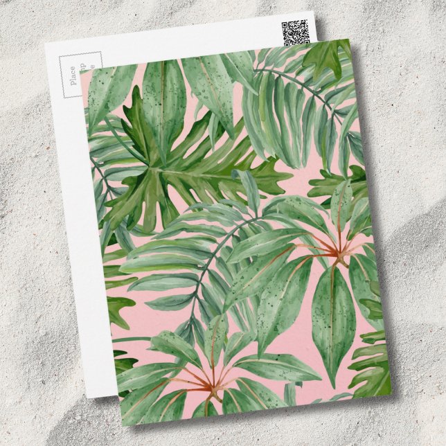 Carte Postale Pink and Palm Leaf Tropical Floral (Pink Palm Leaf Floral Pattern Tropical Postcard)