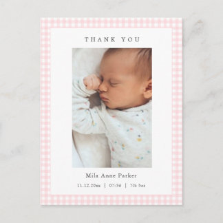 Carte Postale Pink and white Gingham Girl Birth Announcement