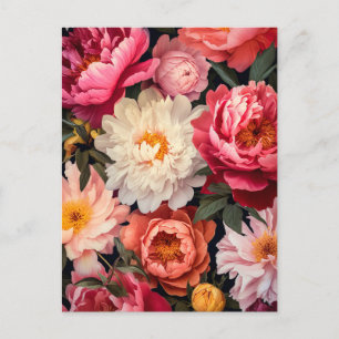 Carte Postale pink and white peony flowers witgreen leaves