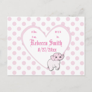 Carte Postale Pink Baby Girl Elephant Heart and Polka Dots