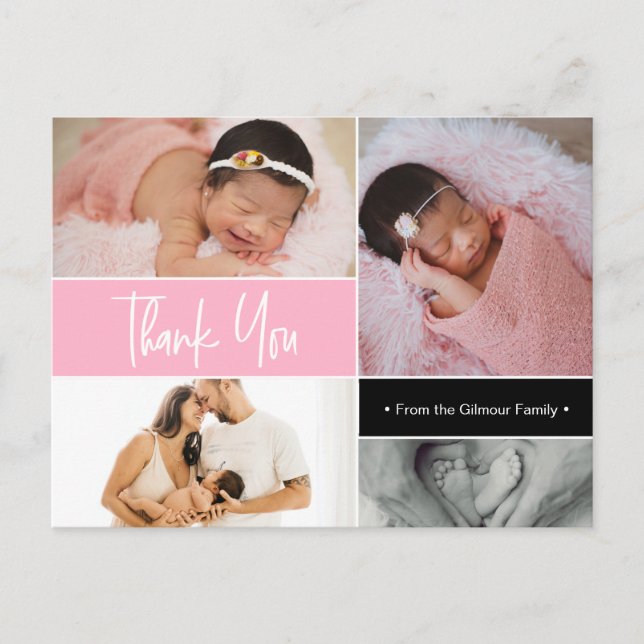 Carte Postale Pink Baby Girl Photo collage Birth Intro Merci (Devant)