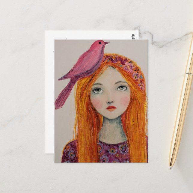 Carte Postale Pink Bird in her Hair (Devant/Arrière en situation)