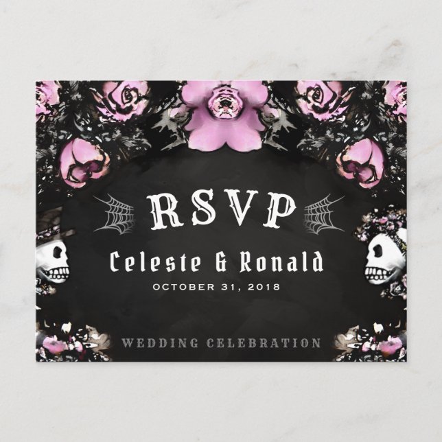 Carte Postale Pink & Black Gothic Roses & Skeleton RSVP (Devant)