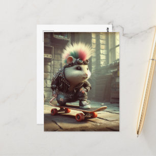 Carte Postale Pink Blue Hair Punk Rock Skateboard Hamster