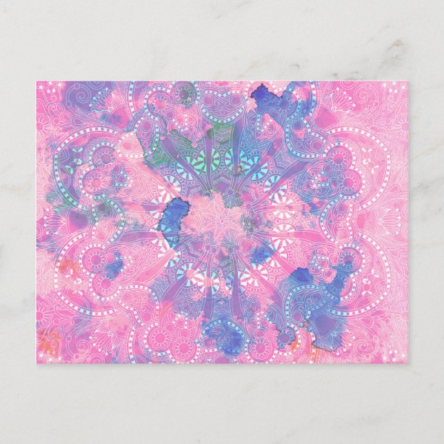 Carte Postale Pink Blue Mandala aquarelle motif floral (Devant)