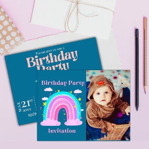 Carte Postale Pink Blue Rainbow Photo Anniversaire Fête Invitati