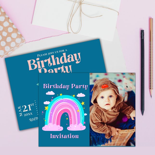 Carte Postale Pink Blue Rainbow Photo Anniversaire Fête Invitati (Unicorn Rainbow Photo Birthday Party Invitation Postcard)