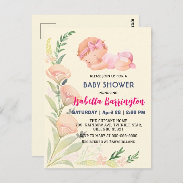 Carte Postale Pink Cute Baby Girl tulip fleurs baby shower enfan (Devant / Derrière)