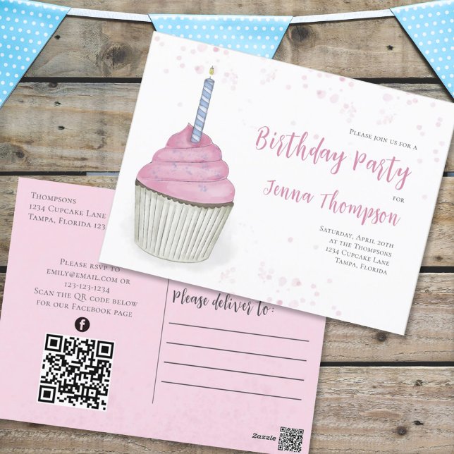 Carte Postale Pink Cute Cupcake QR Code Médias sociaux Whimsical (Créateur téléchargé)