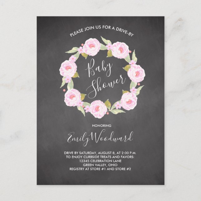 Carte Postale Pink Floral Chalkboard Drive-By Girl Baby shower (Devant)