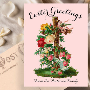 Carte Postale Pink Floral Cross Vintage Pâques Religieux