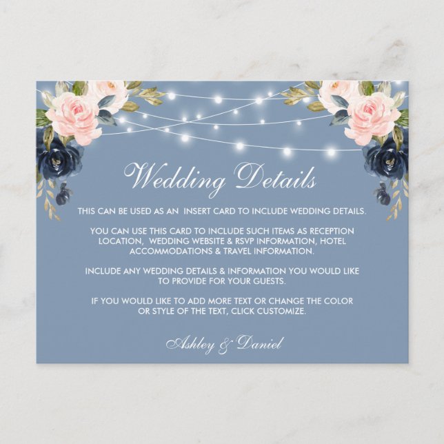 Carte Postale Pink Floral Dusty Blue Lights Mariage Détails Cart (Devant)