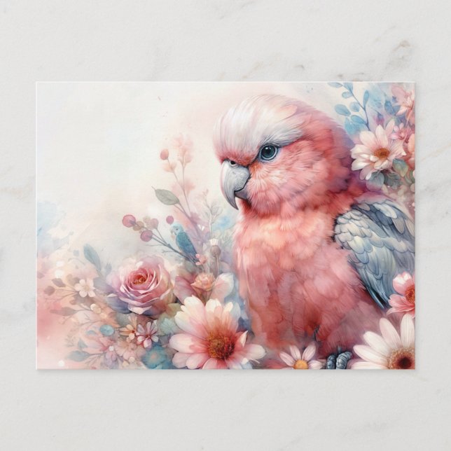 Carte Postale Pink Galah Cockatoo Floral Watercolor (Devant)