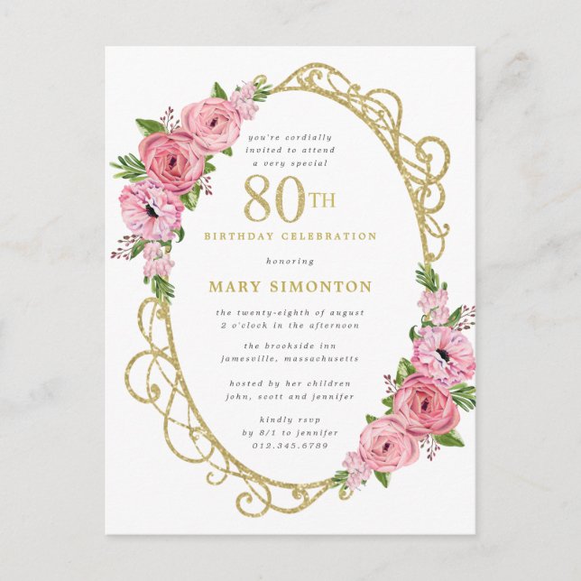 Carte Postale Pink Gold Floral 80th Birthday Party Invitation (Devant)