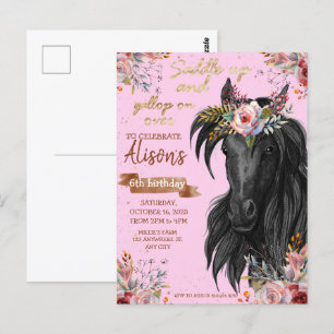Carte Postale Pink Gold Watercolor cheval anniversaire cowgirl
