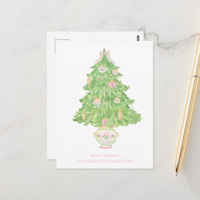 Carte Postale Pink & Green Coquette Bow Preppy Noël (Devant/Arrière en situation)
