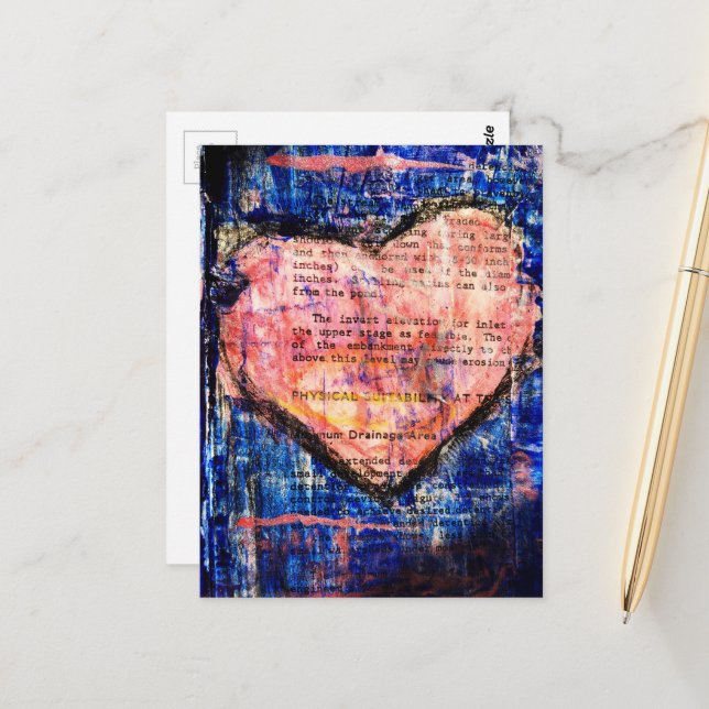 Carte Postale Pink Heart Mixed Media Collage (Devant/Arrière en situation)