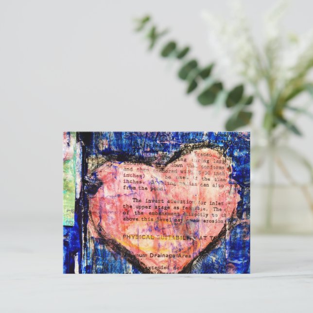 Carte Postale Pink Heart on Blue Paint Mixed Media Art (Debout devant)
