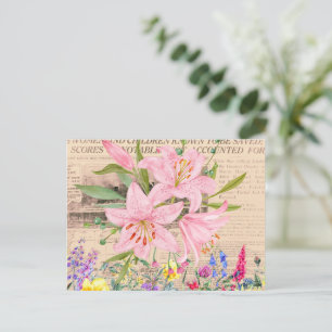 Carte Postale Pink Lily, Aquarelle Florale, Journal Vintage