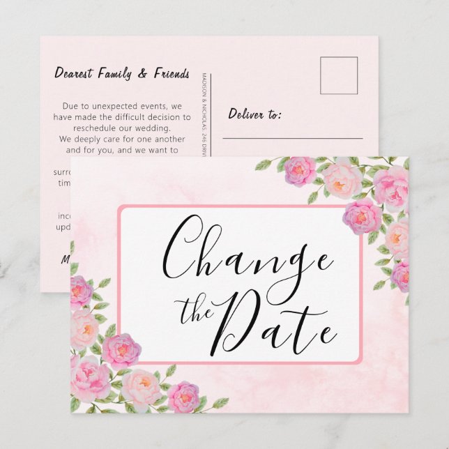 Carte Postale Pink Modifier la date de report de l'événement Fai (Devant / Derrière)