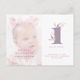 Carte Postale Pink & Purple Photo 1er Anniversaire Fête Invitati