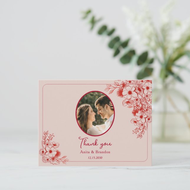 Carte Postale Pink Red Floral Wedding Thank You (Debout devant)