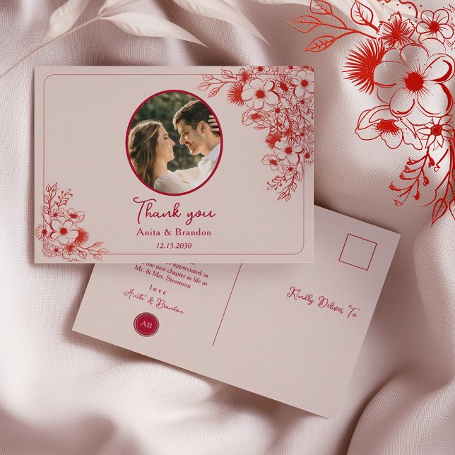 Carte Postale Pink Red Floral Wedding Thank You (Créateur téléchargé)