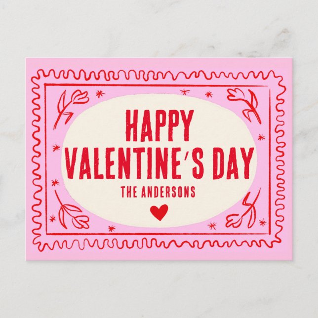 Carte Postale Pink Red Hand Print Retro Bonne Saint Valentin (Devant)