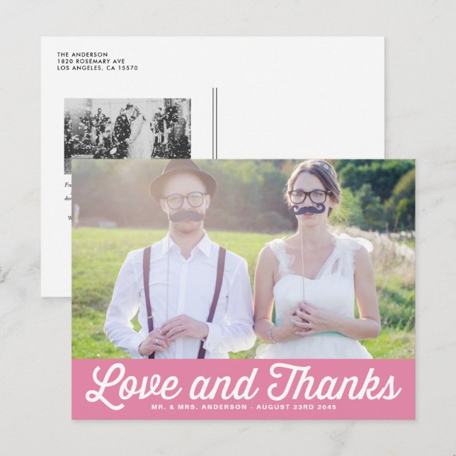 Carte Postale Pink Retro Script Mariage photo Merci (Devant / Derrière)