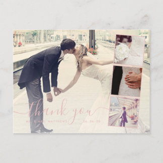 Carte Postale Pink Script 4 Photo Collage Mariage Merci