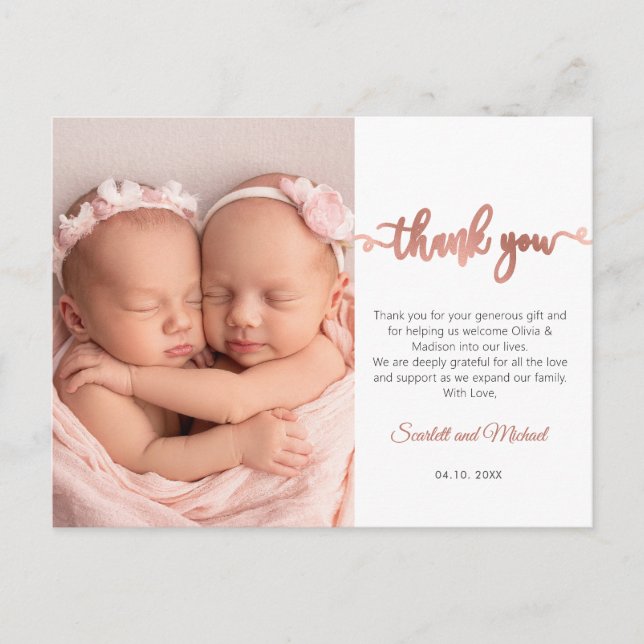 Carte Postale Pink Script Girl Twins Baby Photo Merci (Devant)