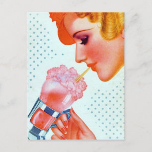Carte Postale Pink Vintage Retro 1930's Girl Drinking Milkshake