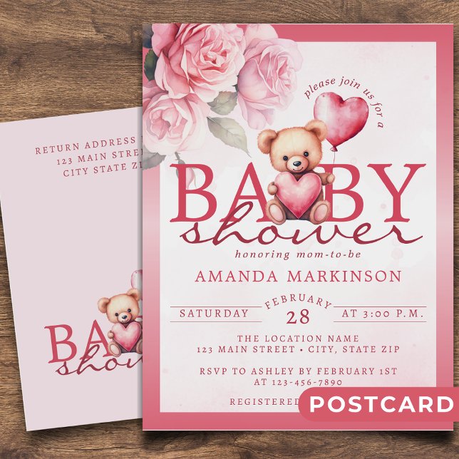 Carte Postale Pink Watercolor Valentine Teddy Bear Baby Shower (Créateur téléchargé)