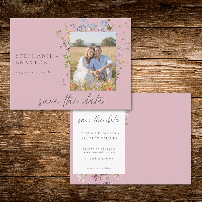 Carte Postale Pink Wildflower Garden Elegant Photo Save the Date (Pink Wildflower Garden Elegant Photo Save the Date Postcard)