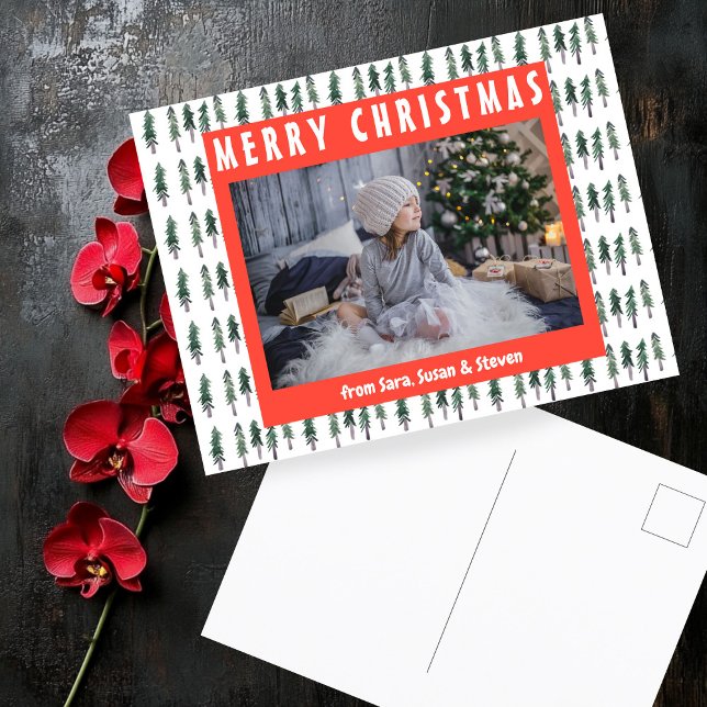 Carte Postale Pins de forêt Aquarelle Aquarelle PHOTO PERSONNALI (Forest Pine Trees Watercolor CUSTOM PHOTO Holiday Christmas Postcard
)