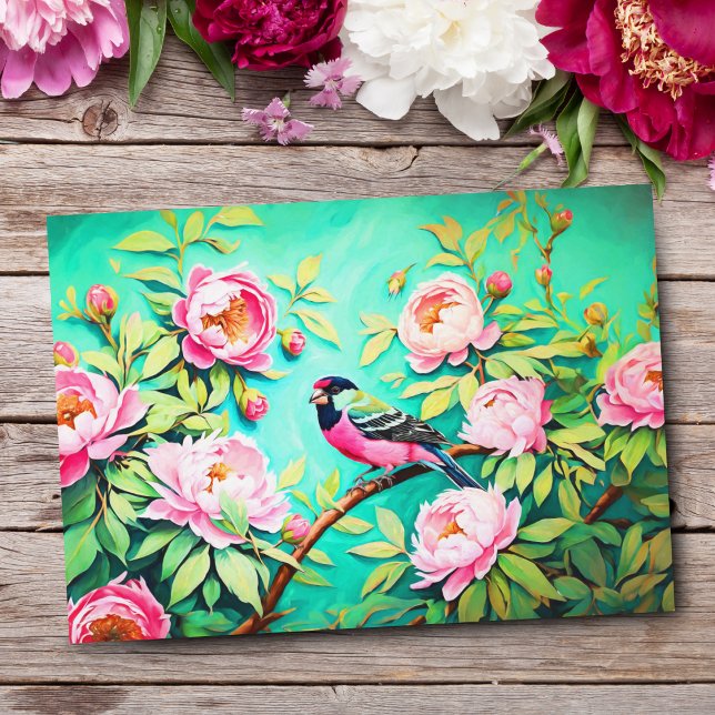 Carte Postale Pinson des arbres au pin pivoine Artwork Peinture  (Share nature's charm, perfect for sending heartfelt messages and greetings.)