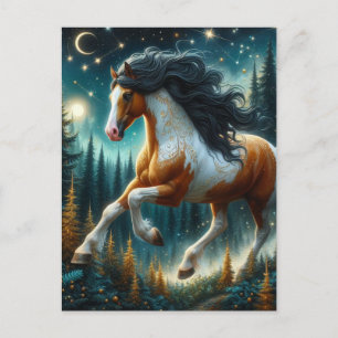 Carte Postale Pinto Horse dans la Forêt de nuit magique